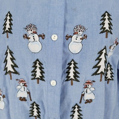 VTG Falls Creek Blue Snowman Embroidered Button Up Long Sleeve Shirt Top Medium