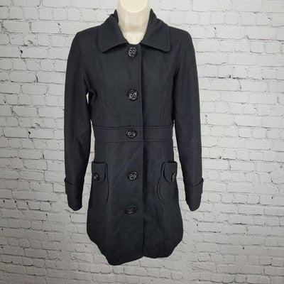Tulle Anthropologie Black Wool Blend Buttoned Collared Coat Small S