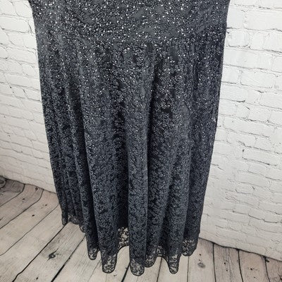 Tahari Black Sheer Glitter Overlay Sleeveless Fit & Flare Midi Dress Size 12