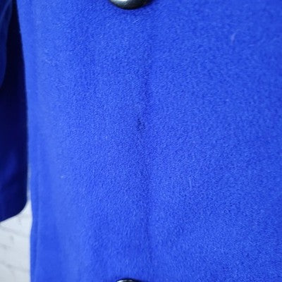 VTG KAREN Blue 100% Wool Puff Sleeve Heavyweight Lined Pea Coat USA Made Size 6