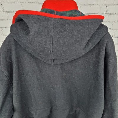 VTG Herman Kay Black Red Wool Blend Hooded Buttoned Long Heavy Over Coat 20W