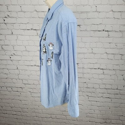 VTG Falls Creek Blue Snowman Embroidered Button Up Long Sleeve Shirt Top Medium