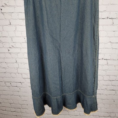 Sun River Blue Chambray Embroidered Floral Lace Trim Unlined Maxi Skirt Medium M