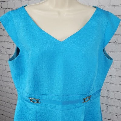 Tahari Blue Cap Short Sleeve Gold Accents Lined Back Slit Sheath Dress Size 14