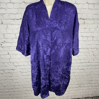 Frederick’s Of Hollywood Purple Roses Satin Short Sleeve Robe Size Medium M