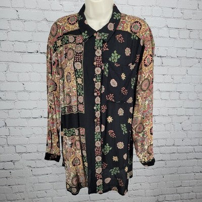 VTG Platinum Dorothy Schoelen Black Floral Long Sleeve Buttoned Blouse Top US PL