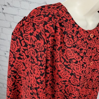 VTG Tandy Chez California Black Red Floral Lightweight Tunic Blouse Top USA 22W