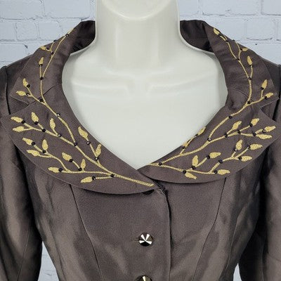 Jodi Brown Wool Silk Blend Gold Embroidered 3/4 Sleeve Buttoned Jacket Size 4