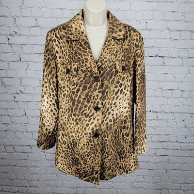 Chico's Tan Gold Leopard Buttoned Lightweight Lined Jacket 2 US 12