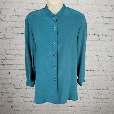 Jacqueline Ferrar Blue 100% Silk Button Up Long Sleeve Shirt Blouse Top XS