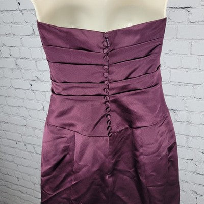 Bill Levkoff Purple Satin Strapless Pleated Back Zip Buttoned Lined Dress 6