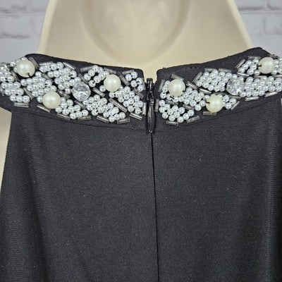 Cache Black Beaded Pearl Neckline Halter Sheer Drape Stretch Lined Short Dress 2