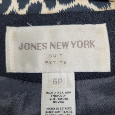 VTG Jones New York Black Worsted Wool Leopard Trim Suit Jacket USA Petite 6P
