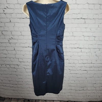 Adrianna Papell Blue Sheen Sleeveless Ruched Waist Stretch Sheath Short Dress 8