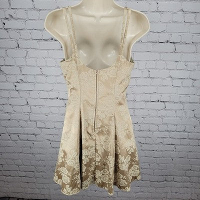VTG Nite Kraze Gold Metallic Satin Floral Strappy Fit & Flare Short Dress 7/8