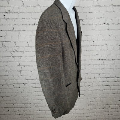 VTG Henry Grethel Brown Windowpane Tweed 2 Button Sport Coat USA Made Size 42L