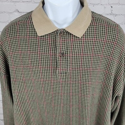 Sun River Green & Tan Houndstooth Cotton Long Sleeve Polo Shirt Size Large L