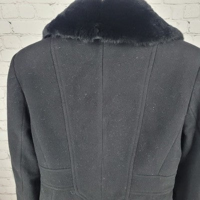Larry Levine Black Wool & Cashmere Rex Rabbit Fur Collar Pea Coat Size Small S