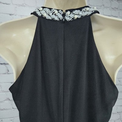 Cache Black Beaded Pearl Neckline Halter Sheer Drape Stretch Lined Short Dress 2