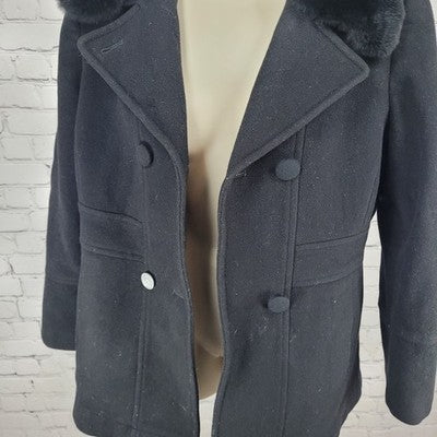 Larry Levine Black Wool & Cashmere Rex Rabbit Fur Collar Pea Coat Size Small S