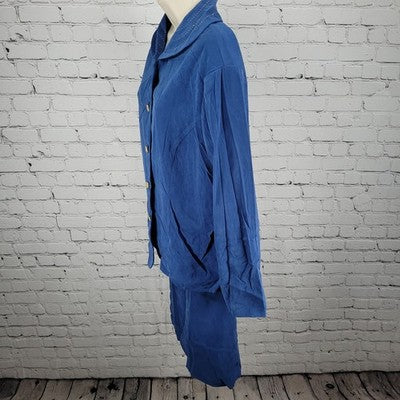 Courtenay Blue Stretch Gold Buttoned 2 Piece Shirt Skirt Outfit Set Size 16W