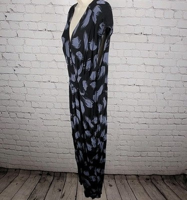 Leith Black Blue Print Plunge Tapered Leg Pockets 1 Piece Boho Outfit Jumper 1X