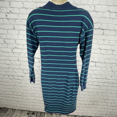 VTG Paris Sport Club Blue Green Striped Retro Long Sleeve Stretch Dress Size XS