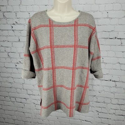 Tahari Grey Red Check 3/4 Cuffed Short Sleeve Pullover Lightweight Sweater 1X