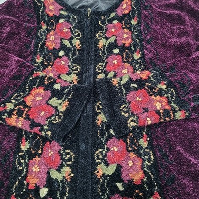 Coldwater Creek Purple Velvet Floral Embroidered Full Zip Jacket Small S