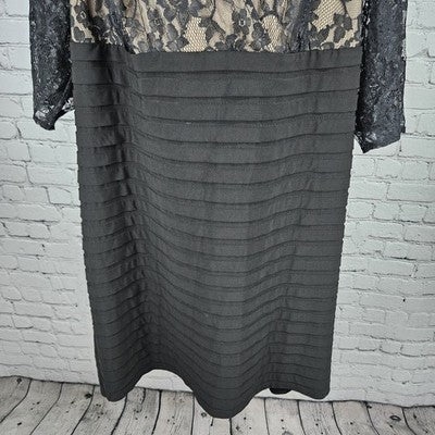 Adrianna Papell Black Lace Overlay Sheer 3/4 Sleeve V Neck Tiered Midi Dress 24W