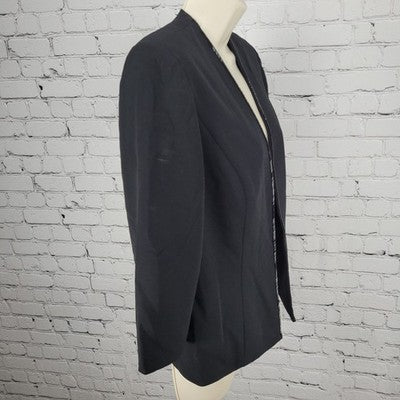 VTG Karen Miller Black Open Beaded Trim Collarless Lined Suit Jacket Size 8