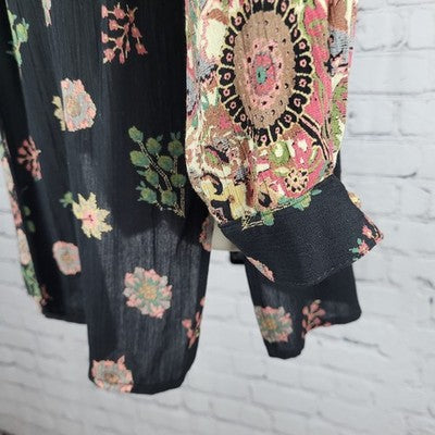 VTG Platinum Dorothy Schoelen Black Floral Long Sleeve Buttoned Blouse Top US PL