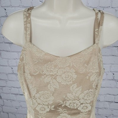 VTG Nite Kraze Gold Metallic Satin Floral Strappy Fit & Flare Short Dress 7/8