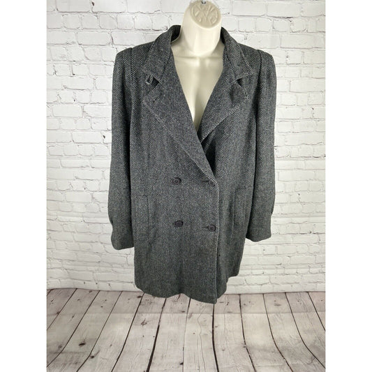 VTG 90s NYG New York Girl Grey/ Black Herringbone Wool Double Breasted Coat 14