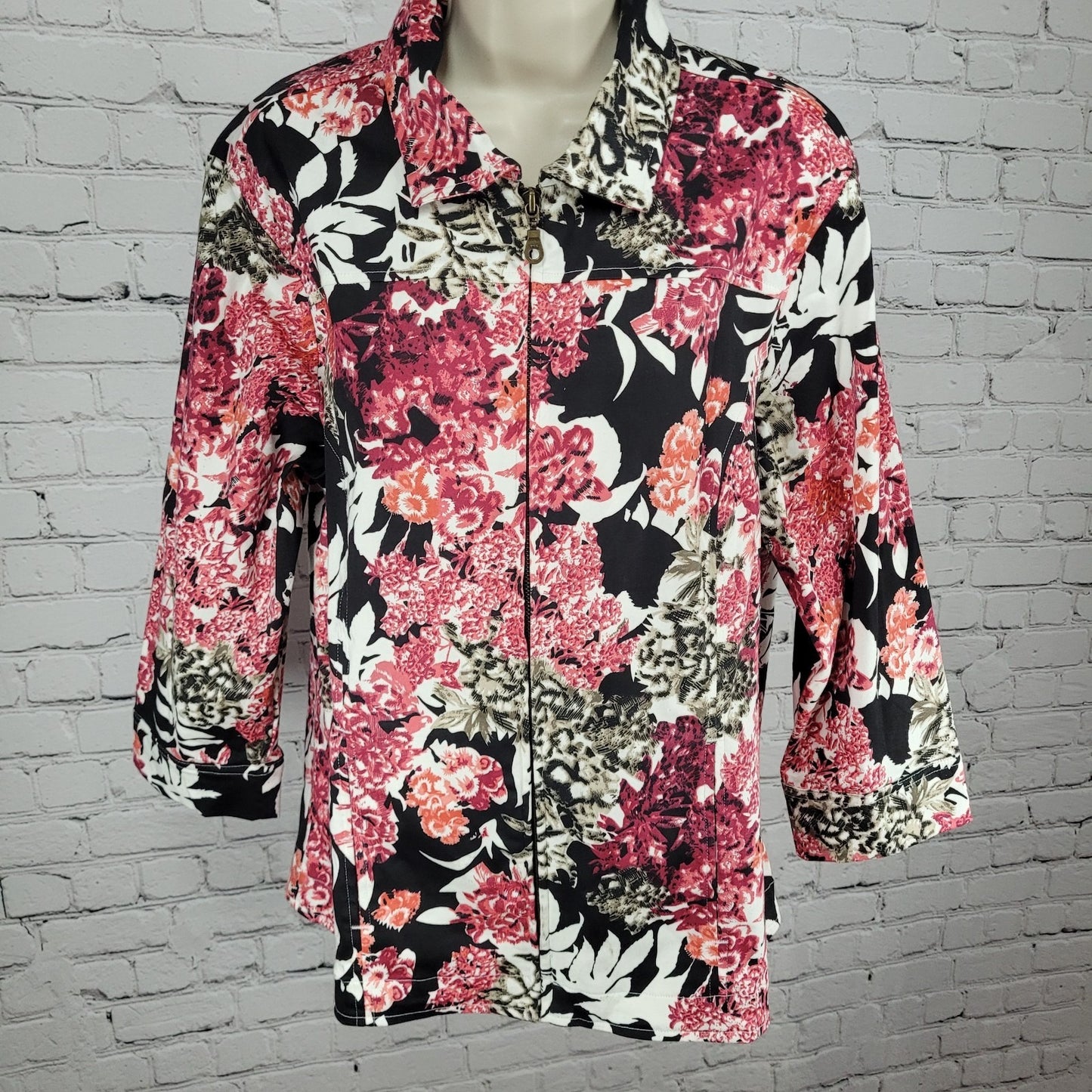 Keren Hart Pink & Black Floral Cotton Stretch Unlined Zip Jacket Size Large L