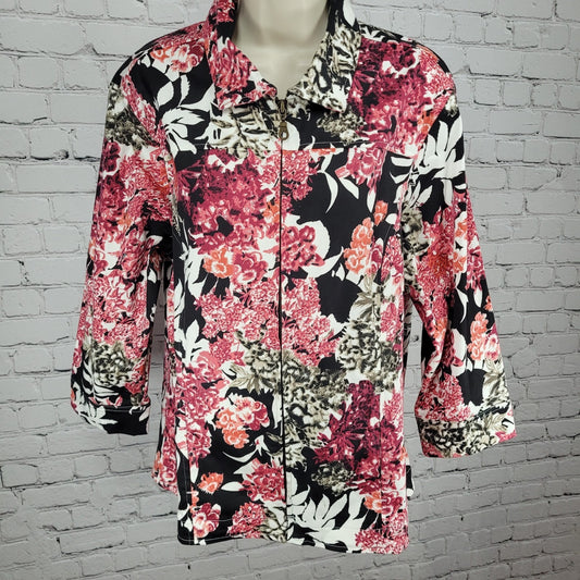 Keren Hart Pink & Black Floral Cotton Stretch Unlined Zip Jacket Size Large L