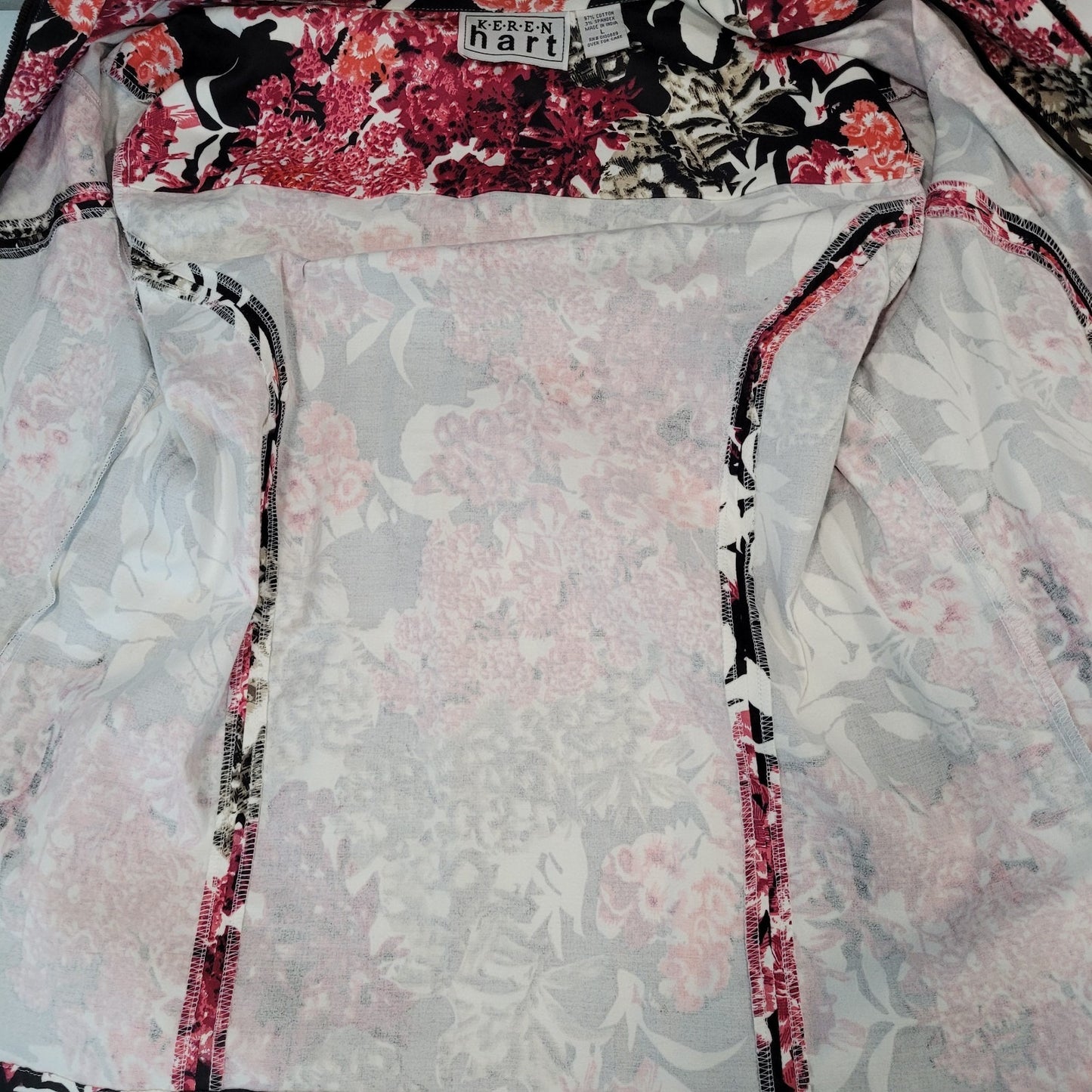 Keren Hart Pink & Black Floral Cotton Stretch Unlined Zip Jacket Size Large L