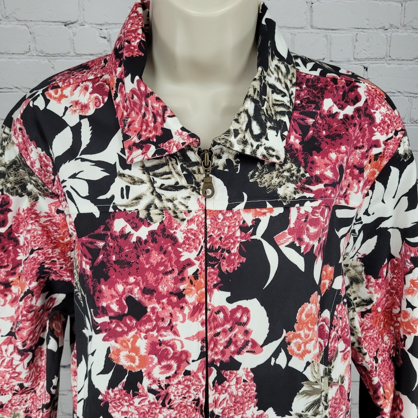 Keren Hart Pink & Black Floral Cotton Stretch Unlined Zip Jacket Size Large L