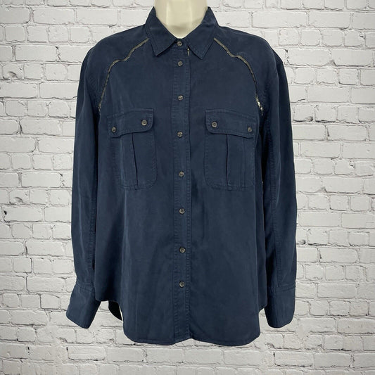 Free People Dark Blue Long Sleeve Button Up Soft Metallic Detail Size Small S