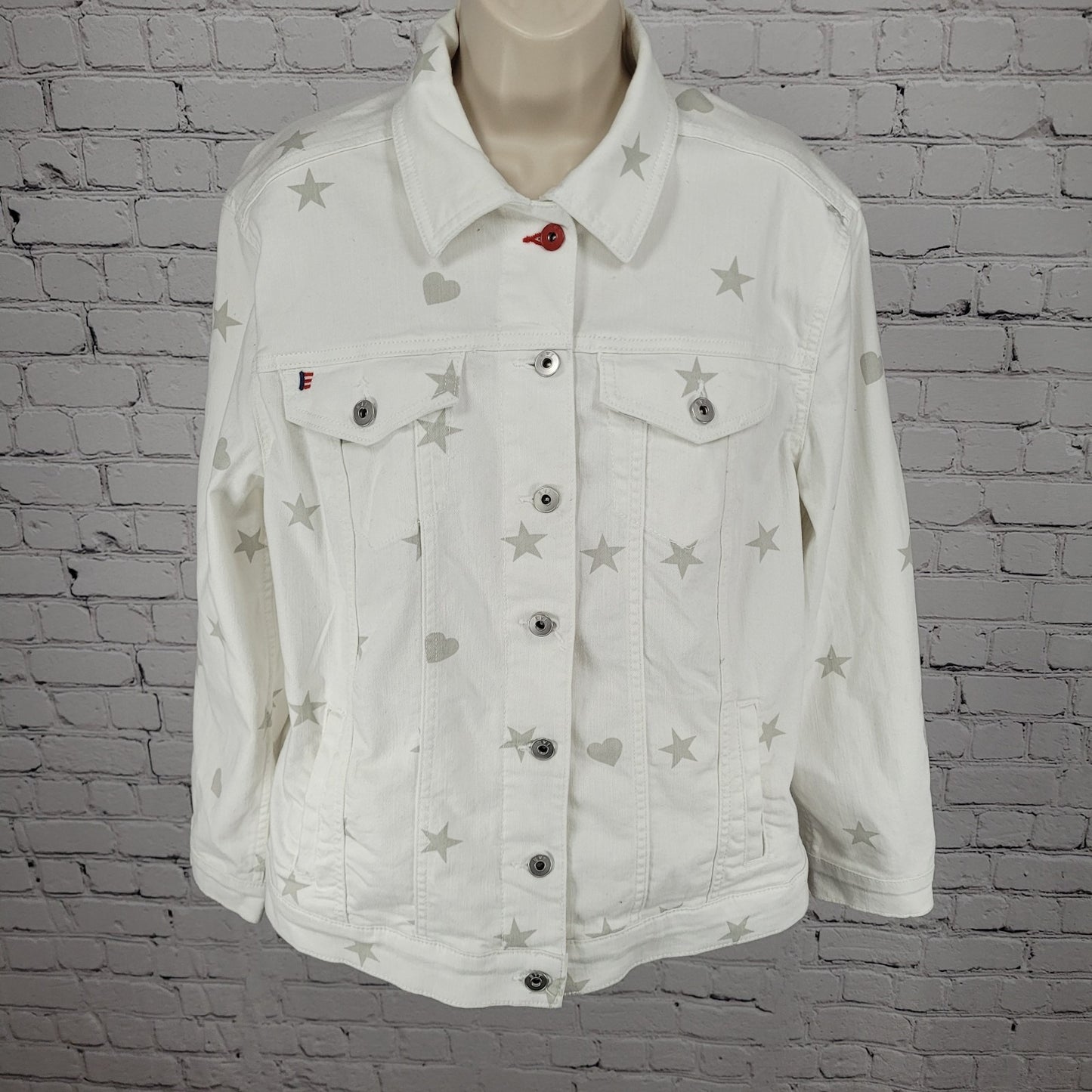 EV1 Ellen Degeneres White Denim Stars Hearts Collared Jean Jacket Medium M