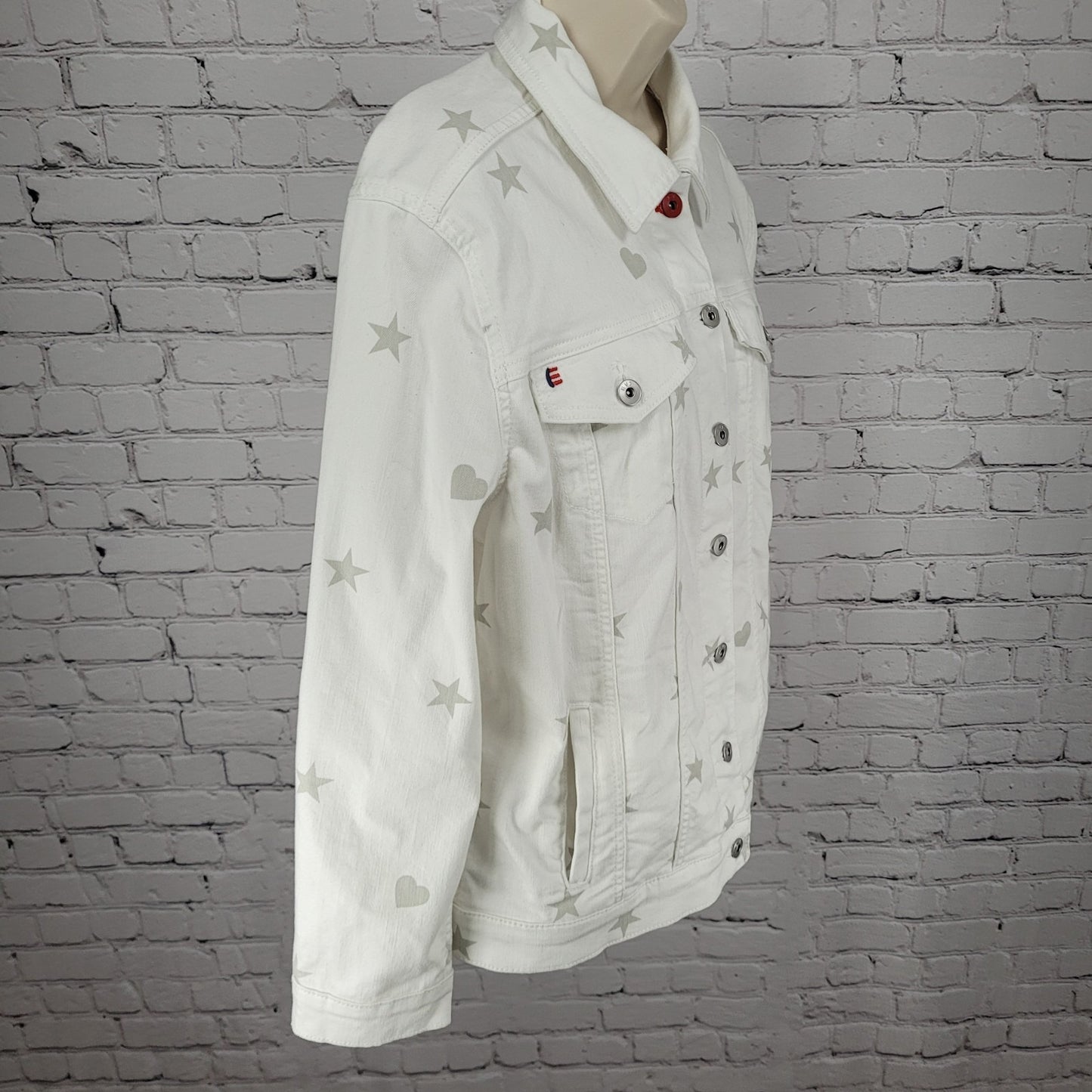 EV1 Ellen Degeneres White Denim Stars Hearts Collared Jean Jacket Medium M