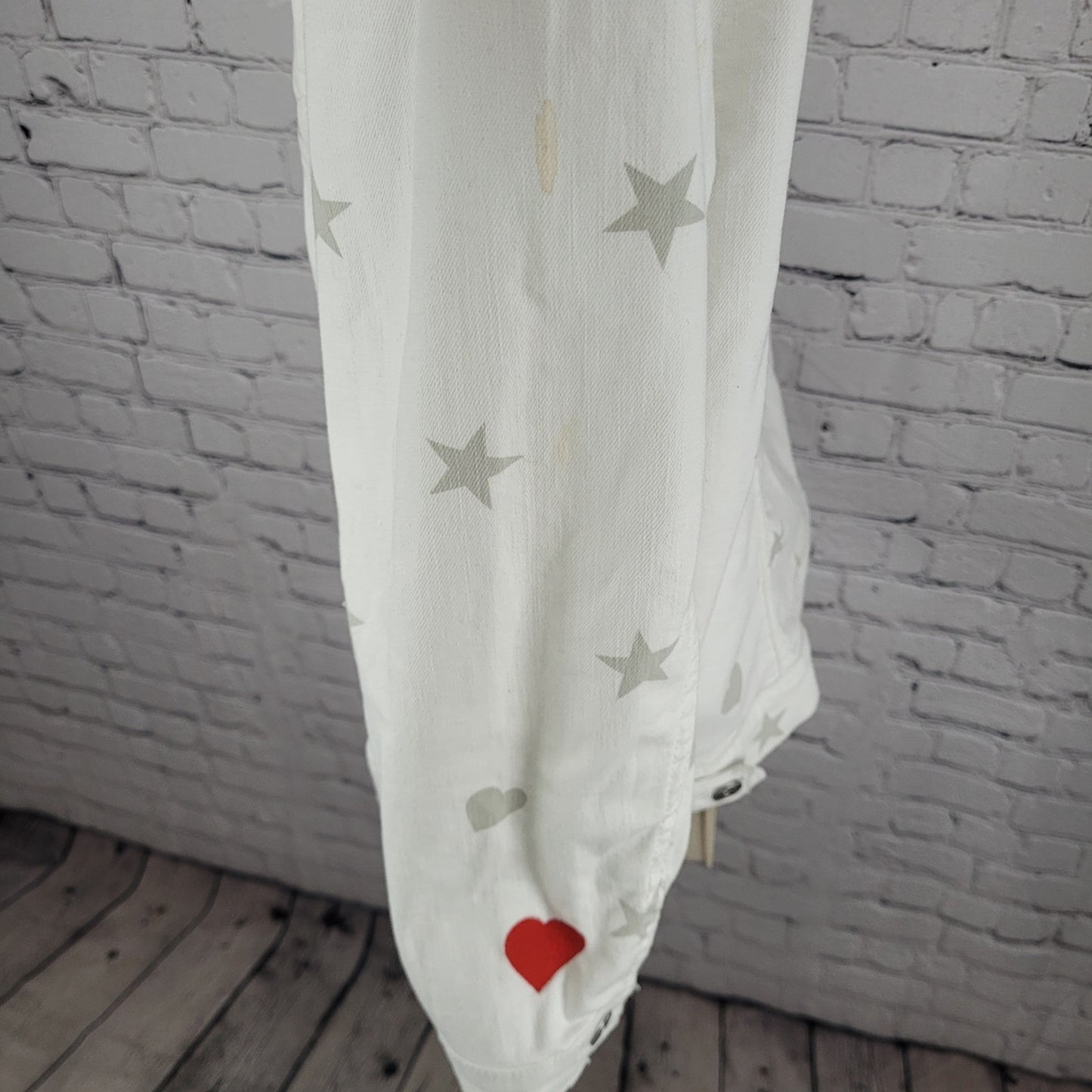 EV1 Ellen Degeneres White Denim Stars Hearts Collared Jean Jacket Medium M