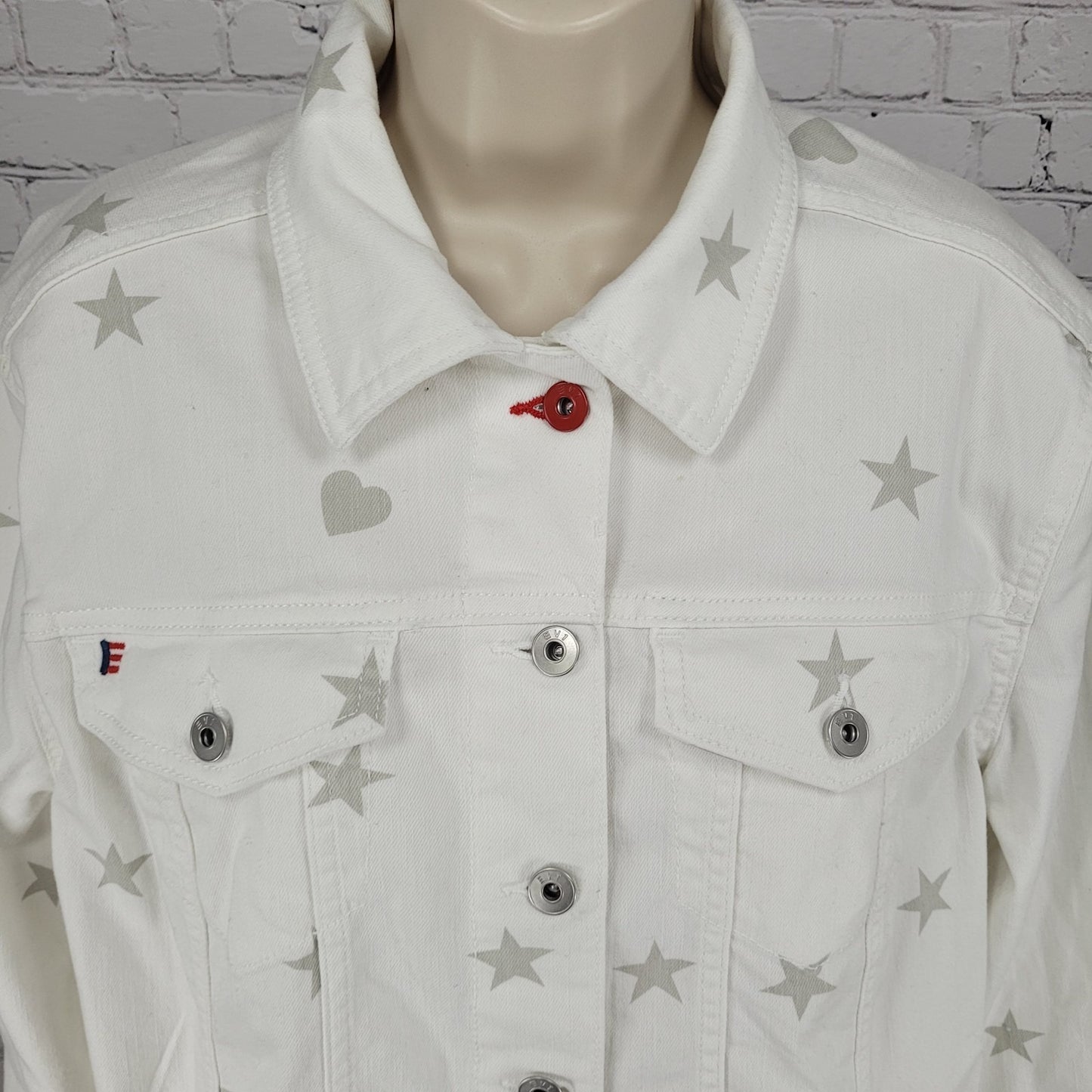 EV1 Ellen Degeneres White Denim Stars Hearts Collared Jean Jacket Medium M