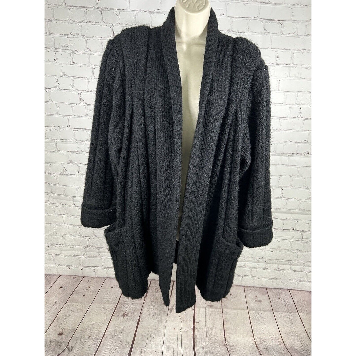 VTG J.m Joss Black Shoulder Pad Open Front Mohair Wool Blend Sweater Cardigan M
