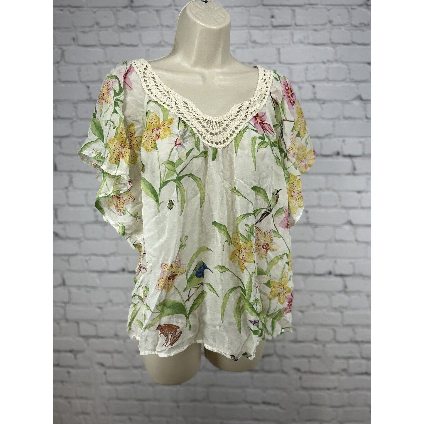 Anthropologie Floreat Floral Drop Shoulder Crochet Neckline Flowy Top Size S