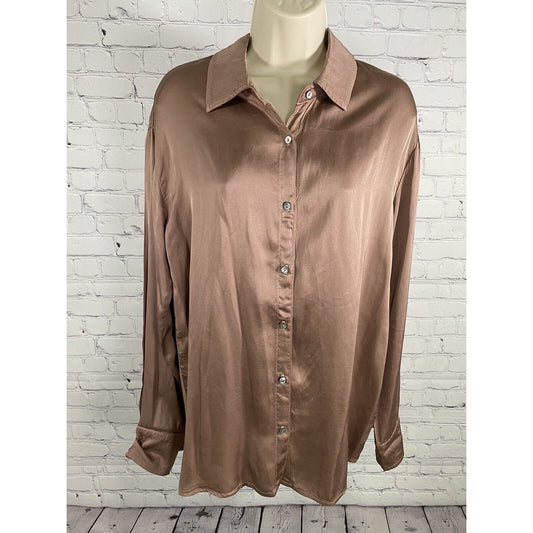 Michael Stars Brown Silky Oyster Shell Button Up Long Sleeve Blouse Womens S