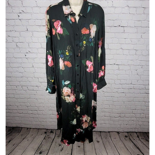 Finley Black Floral Lightweight Long Sleeve Shirt Dress USA Made Size Medium M