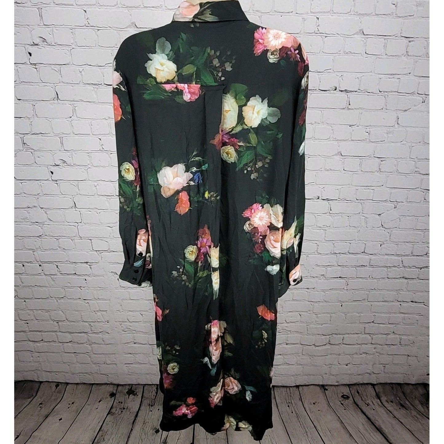 Finley Black Floral Lightweight Long Sleeve Shirt Dress USA Made Size Medium M