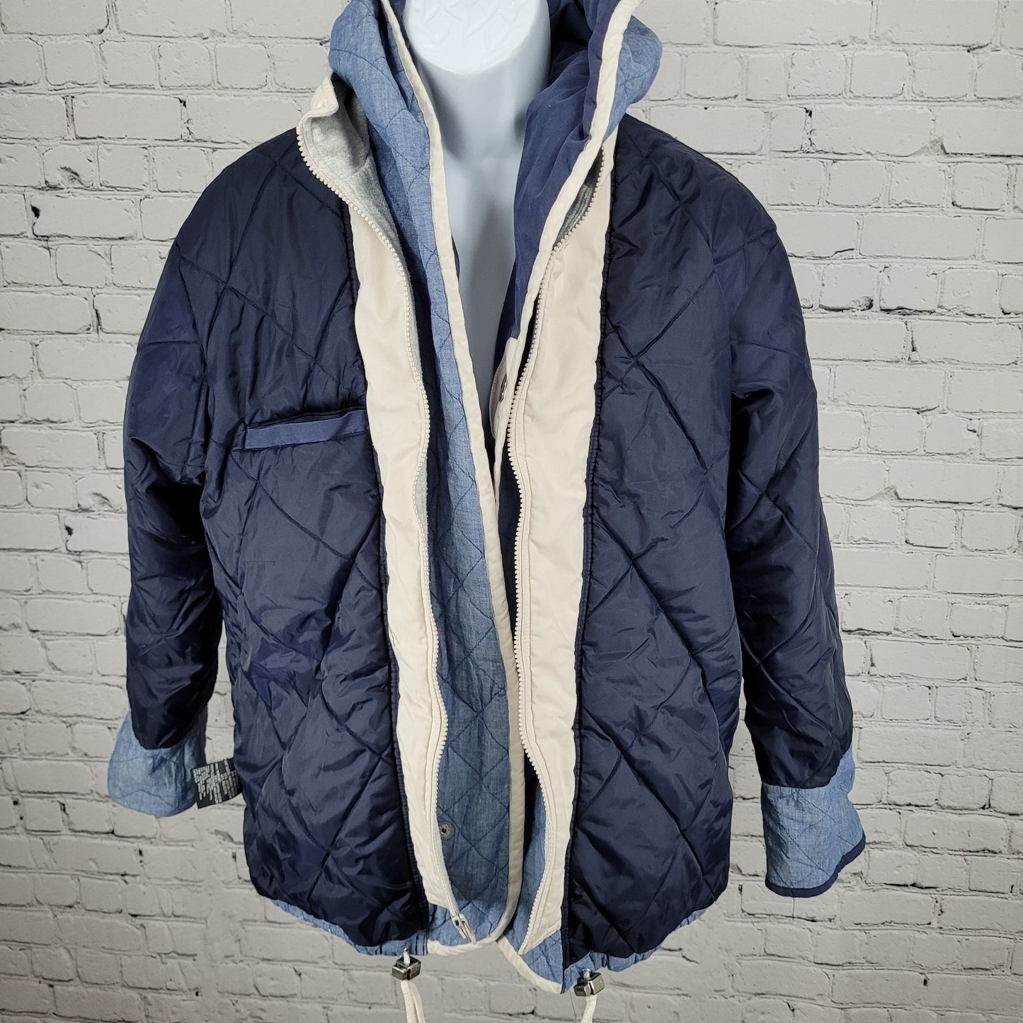 VTG Andy Johns Blue Retro Hooded Insulated Quilted Layered Jacket Size Medium M