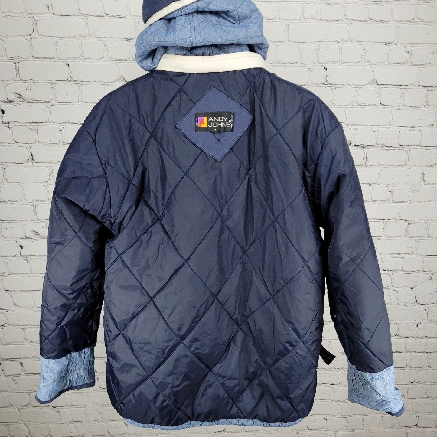 VTG Andy Johns Blue Retro Hooded Insulated Quilted Layered Jacket Size Medium M